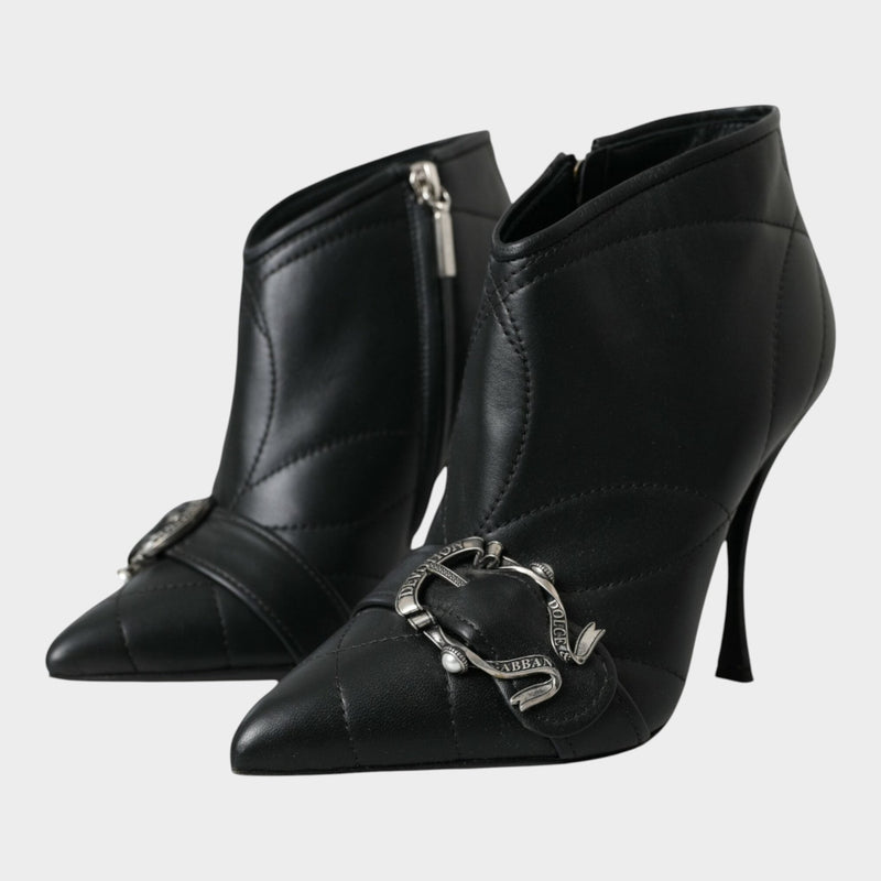 Esmire & Co Dolce & Gabbana black quilted leather stiletto booties with silver buckled detail and pointed toe