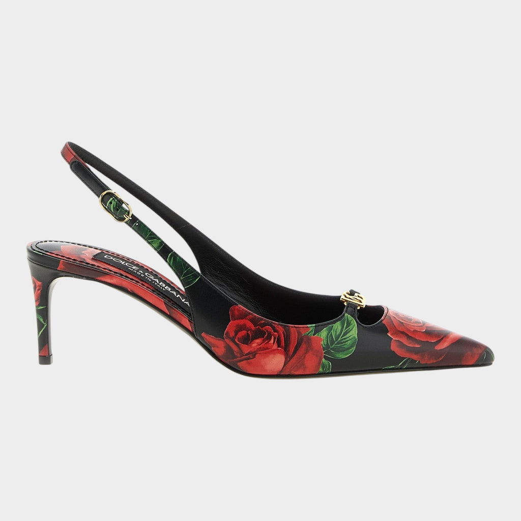 Esmire & Co Dolce & Gabbana black calfskin slingback pumps with red rose print, gold DG logo, and 60mm stiletto heel.