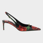 Esmire & Co Dolce & Gabbana black calfskin slingback pumps with red rose print, gold DG logo, and 60mm stiletto heel.