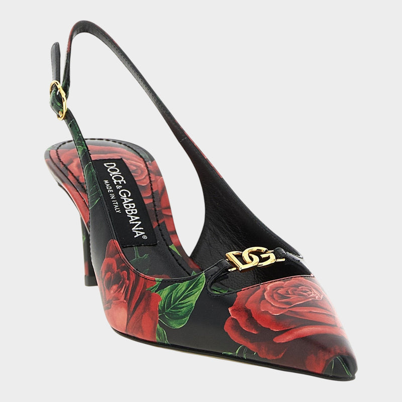 Esmire & Co Dolce & Gabbana calfskin slingback pumps with red rose print, gold DG logo, and 60mm stiletto heel.