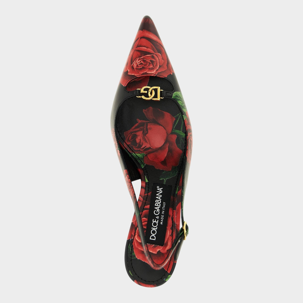 Esmire & Co Dolce & Gabbana calfskin slingback pumps with red rose print, gold DG logo, and pointed toe.