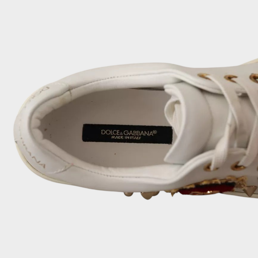 Esmire & Co Dolce & Gabbana white leather sneaker interior with branded logo patch and gold eyelet details