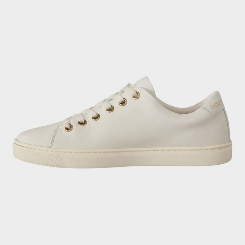 Esmire & Co Dolce & Gabbana white leather sneakers with gold eyelets and logo detail on the heel