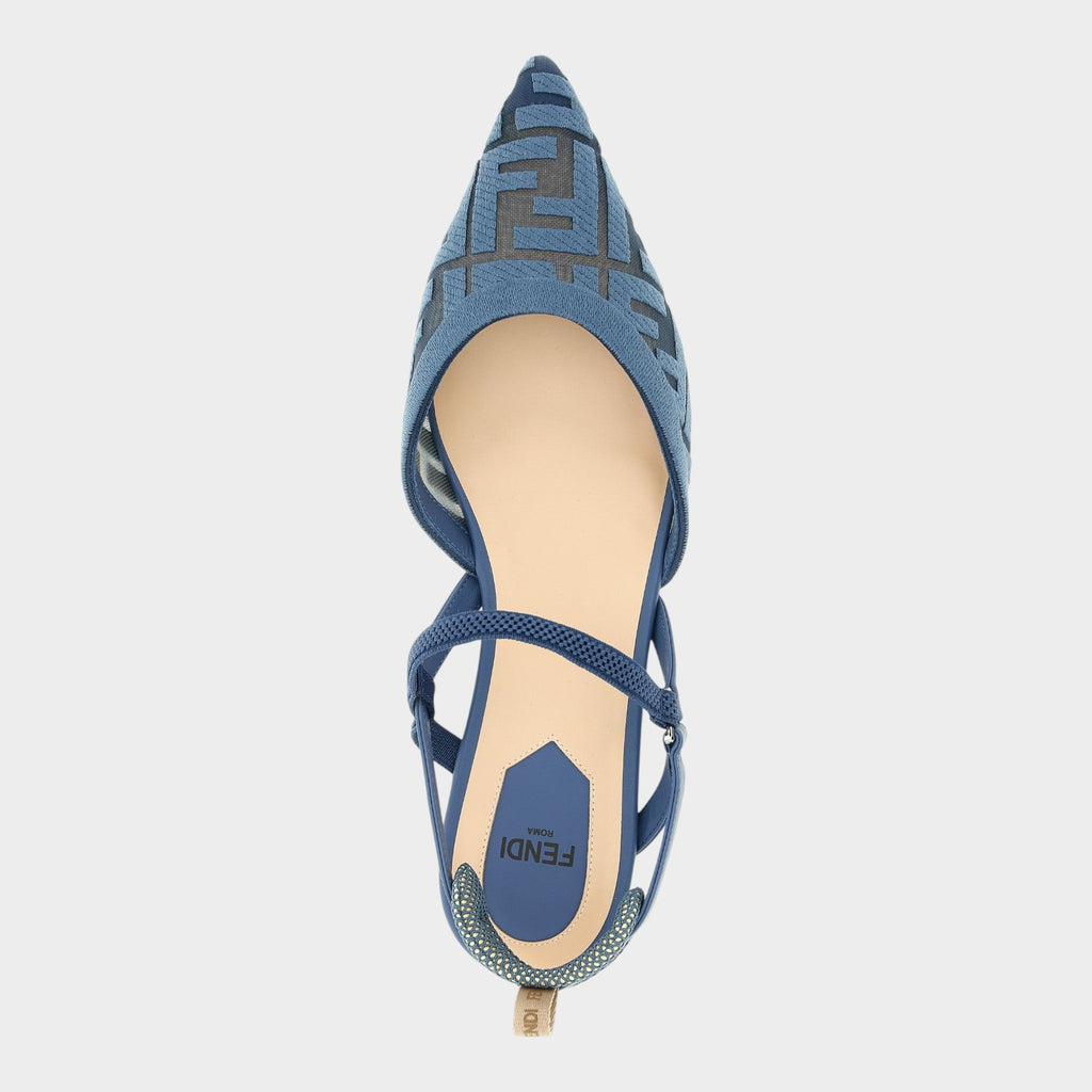 Esmire & Co FENDI Colibrì Lite light blue polyamide slingback flats with FF motif and pointed toe design.
