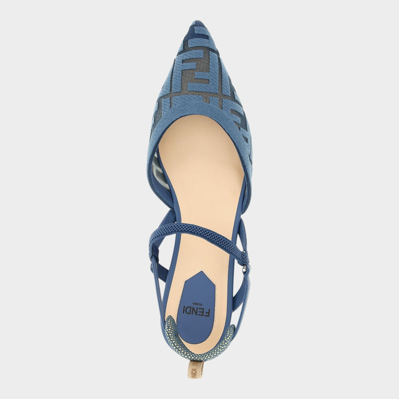 Esmire & Co FENDI Colibrì Lite light blue polyamide slingback flats with FF motif and pointed toe design.