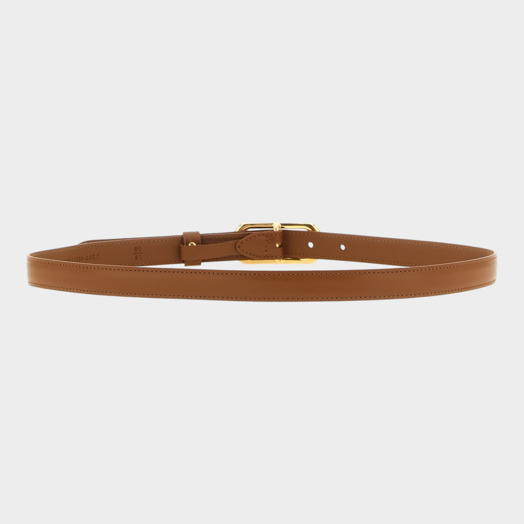Esmire & Co Fendi brown calfskin leather belt with a gold oval buckle and FF logo loop