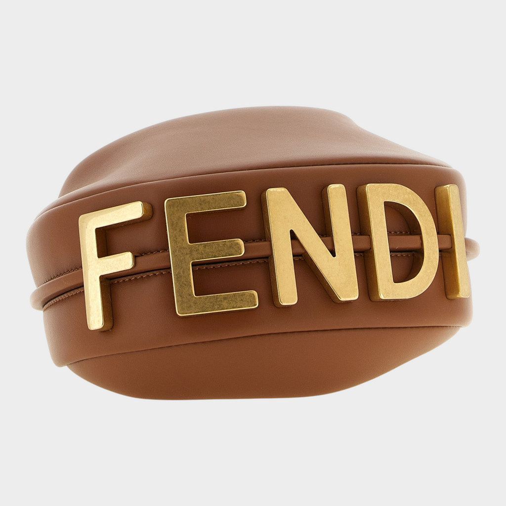 Esmire & Co Fendi Fendigraphy mini handbag in brown calfskin leather with prominent vintage gold logo on the base
