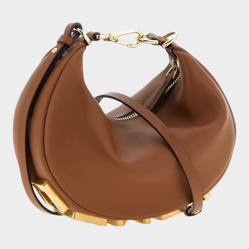 Esmire & Co Fendi Fendigraphy mini crescent handbag in brown calfskin leather with vintage gold logo hardware
