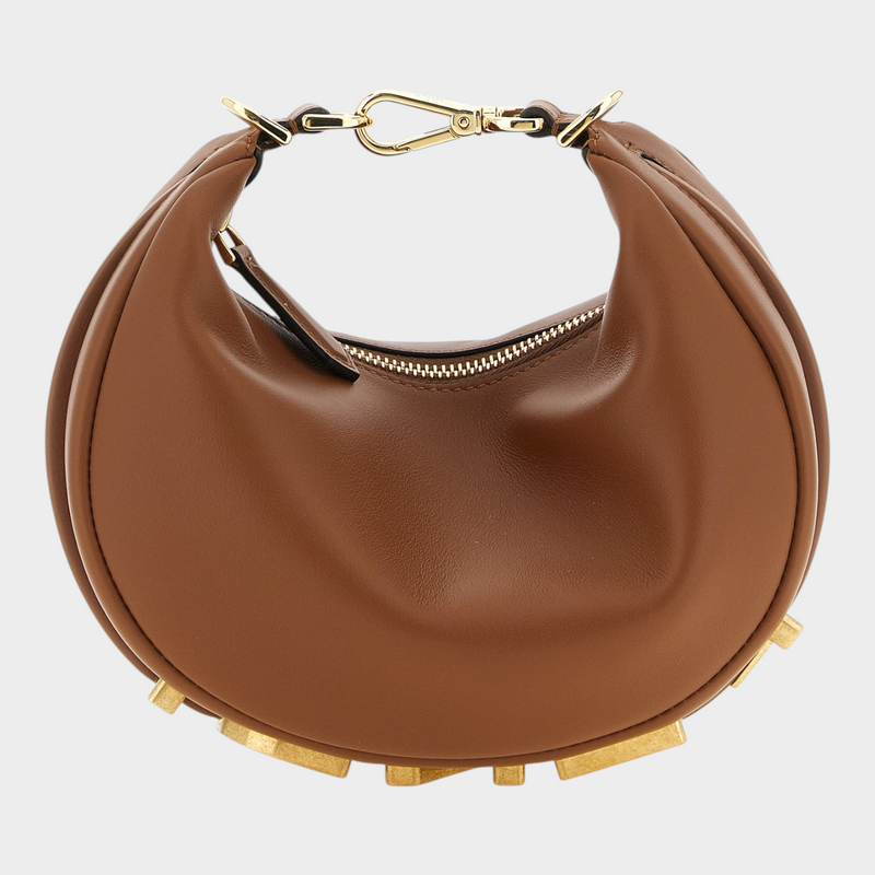 Esmire & Co Fendi Fendigraphy mini crescent handbag in brown calfskin leather with vintage gold metal logo base