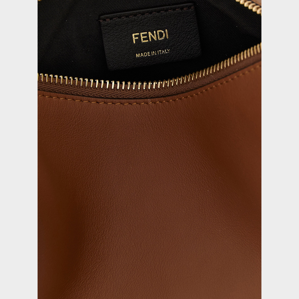 Esmire & Co Fendi brown calfskin leather handbag interior with gold zipper and Fendi logo label