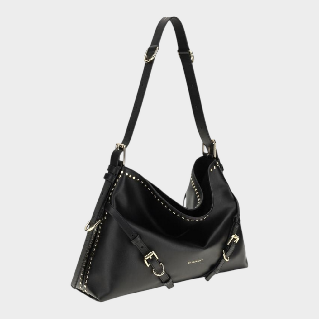 Esmire & Co Givenchy Voyou black calf leather shoulder bag with gold buckles and V-shaped silhouette