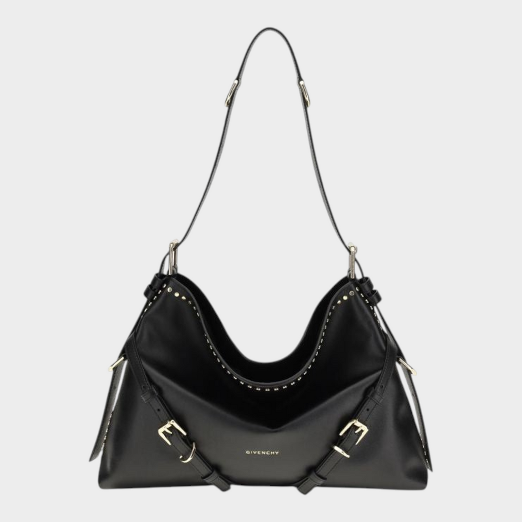 Esmire & Co Givenchy Voyou large black calf leather shoulder bag with gold buckles and adjustable strap