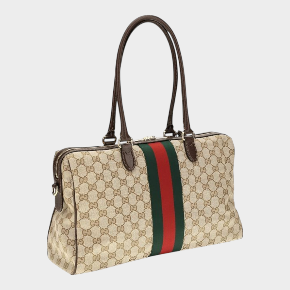Esmire & Co Gucci beige GG canvas handbag with iconic red and green Web stripe and brown leather top handles.