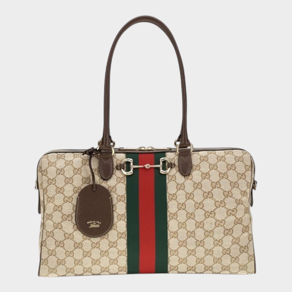 Esmire & Co Gucci beige GG canvas handbag with Web stripe, Horsebit hardware, and brown leather top handles.