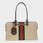 Esmire & Co Gucci beige GG canvas handbag with Web stripe, Horsebit hardware, and brown leather top handles.