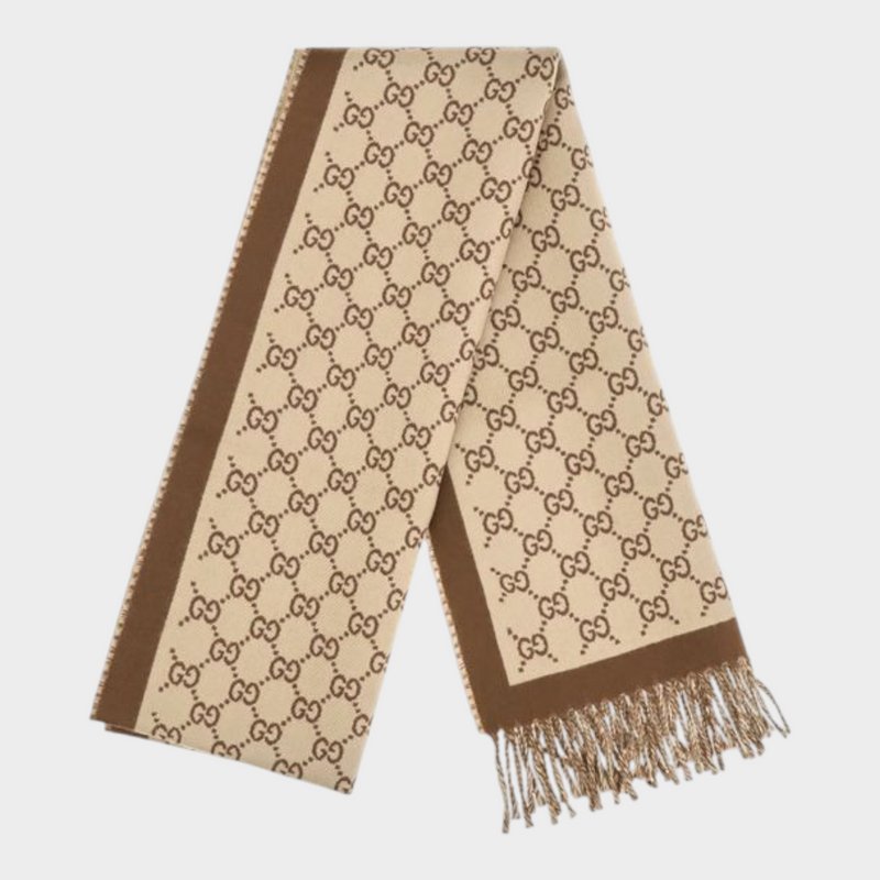 Esmire & Co Gucci beige and brown merino wool scarf with iconic GG motif and fringed edges.
