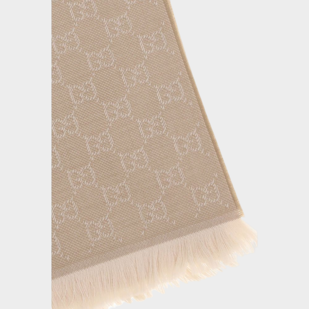 Esmire & Co Gucci beige wool scarf with GG embroidery and frayed ends