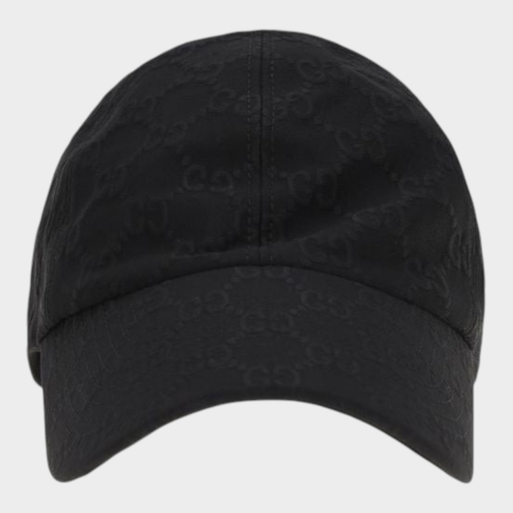 Esmire & Co black Gucci cotton baseball cap with an all-over tone-on-tone GG monogram pattern and classic visor.