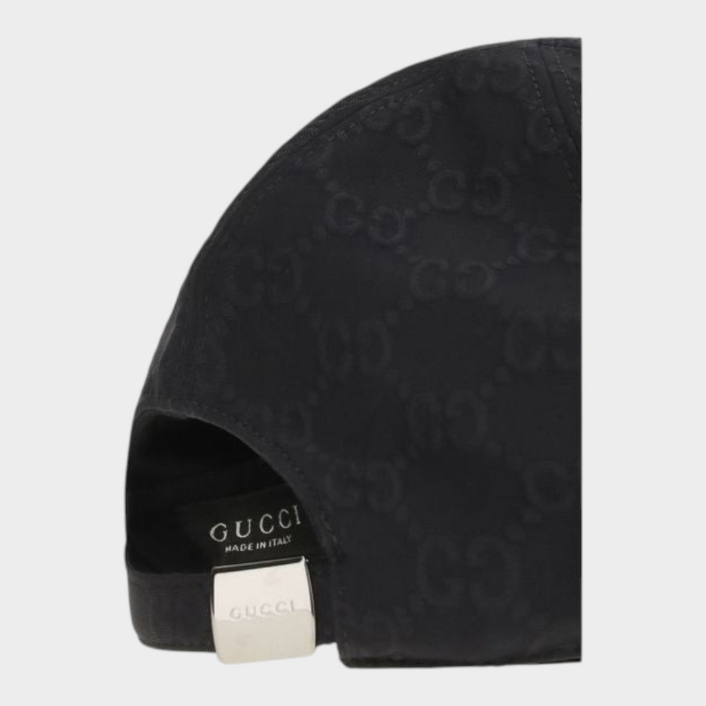 Esmire & Co Gucci black cotton baseball cap with tone-on-tone GG pattern and silver metal hardware detail