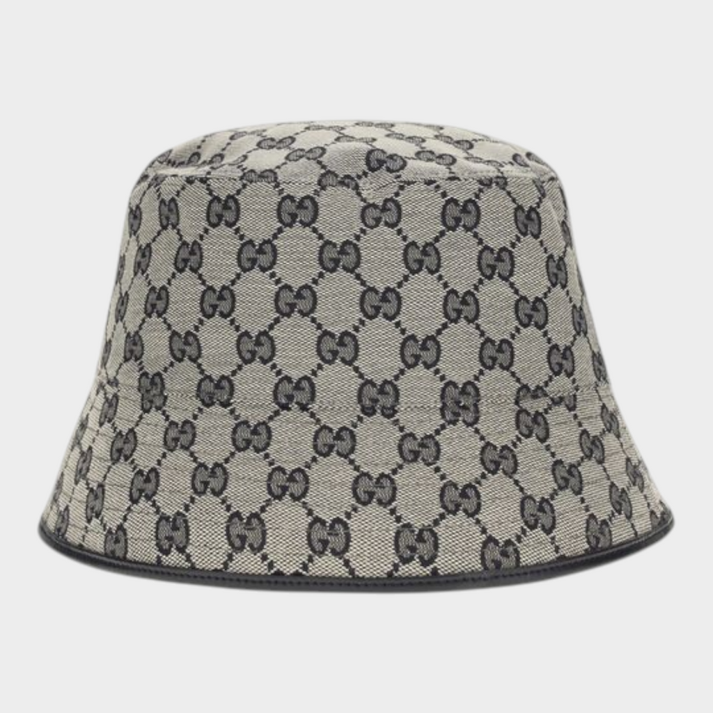 Esmire & Co Gucci gray bucket hat in GG motif cotton canvas with refined leather trim