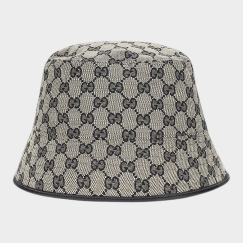 Esmire & Co Gucci gray bucket hat in GG motif cotton canvas with refined leather trim