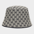 Esmire & Co Gucci gray bucket hat in GG monogram canvas with black leather trim and a classic wide brim silhouette.