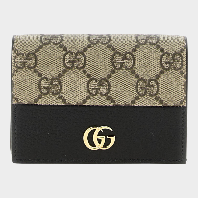 Esmire & Co Gucci GG Marmont cardholder in GG Supreme canvas and black hammered calfskin with gold Double G logo