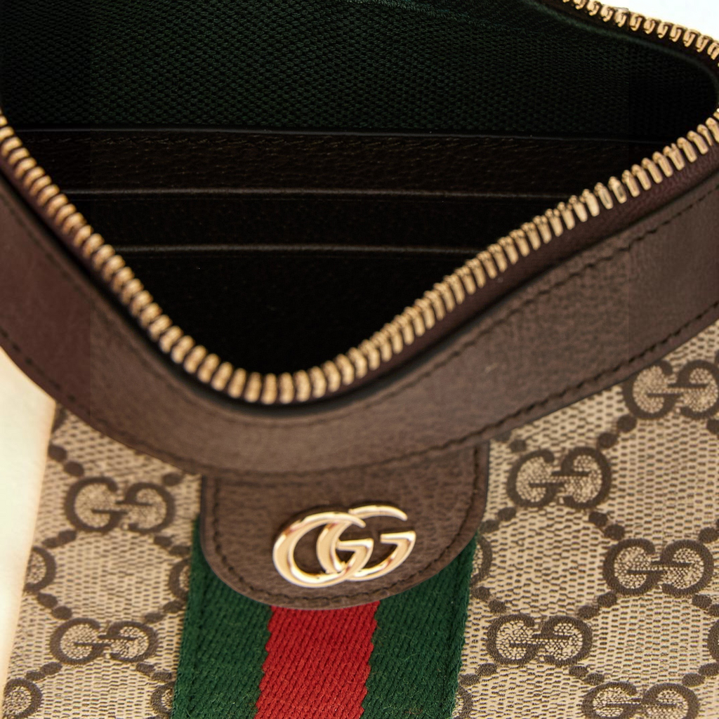 Esmire & Co Gucci Ophidia bag interior showing GG Supreme canvas, brown leather trim, and gold Double G logo detail.