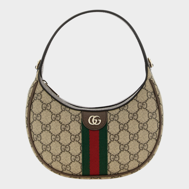 Esmire & Co Gucci Ophidia crescent shoulder bag in beige GG Supreme canvas with green and red Web and gold Double G