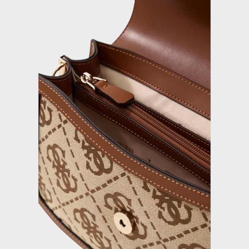 Esmire & Co Guess Audrey handbag interior featuring beige polyester with brown logo pattern and zippered pocket