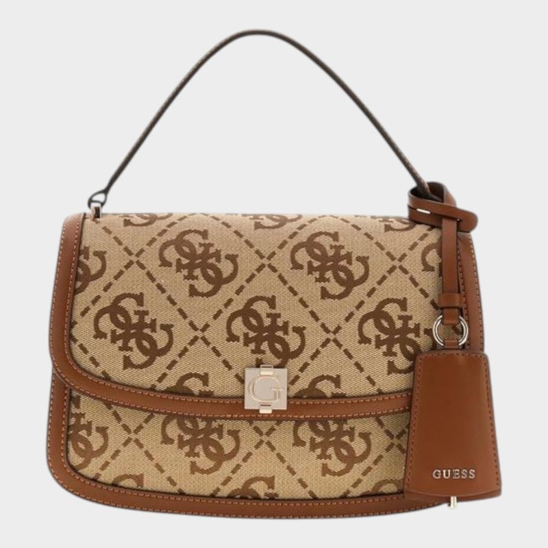Esmire & Co Guess Audrey logo handbag in beige and brown polyester with a structured flap and metallic G logo