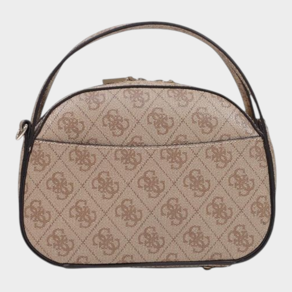 Esmire & Co Guess Coleen logo print handbag in beige polyurethane with a top handle and double zip closure.