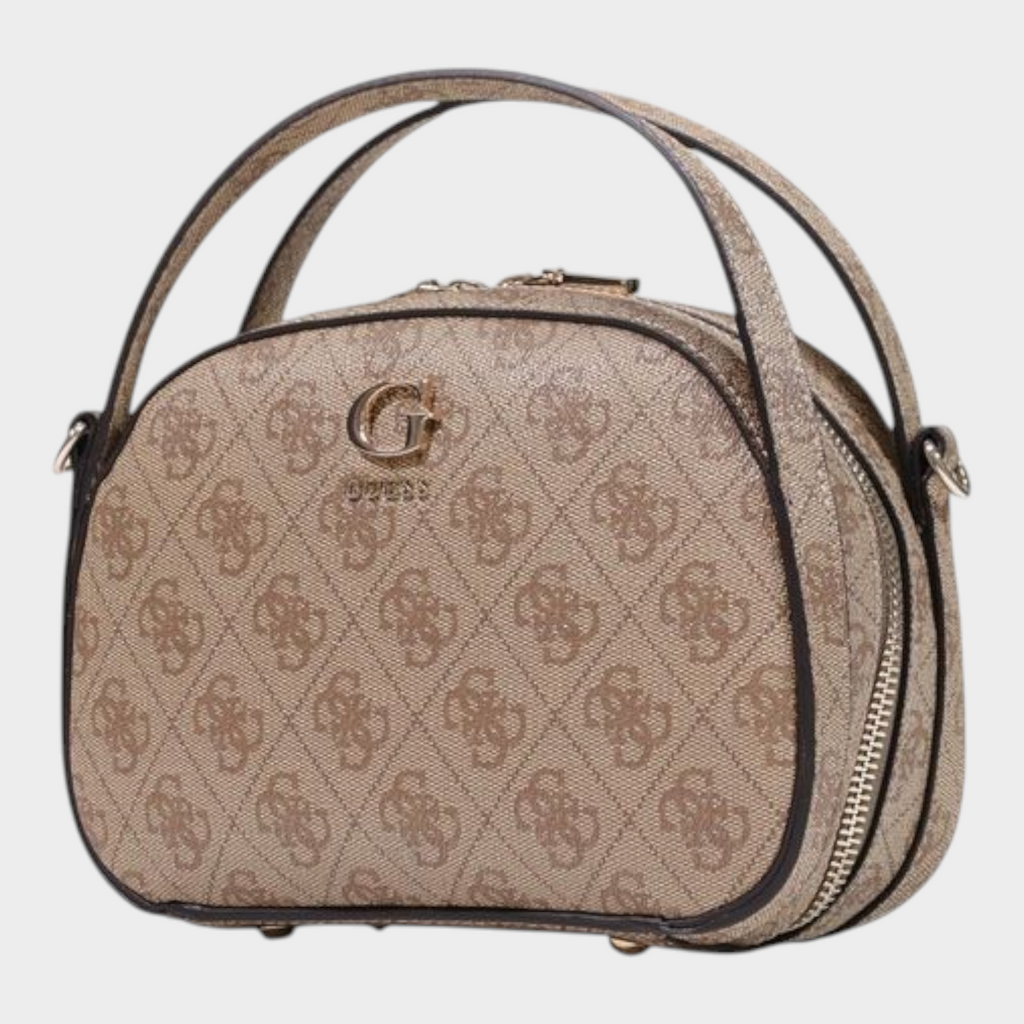 Esmire & Co Guess beige logo print handbag with double handles, front metal logo, and secure top zip closure.
