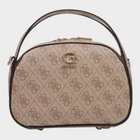 Esmire & Co Guess Coleen small handbag in beige with all-over logo print, top handle, and front metal G logo.