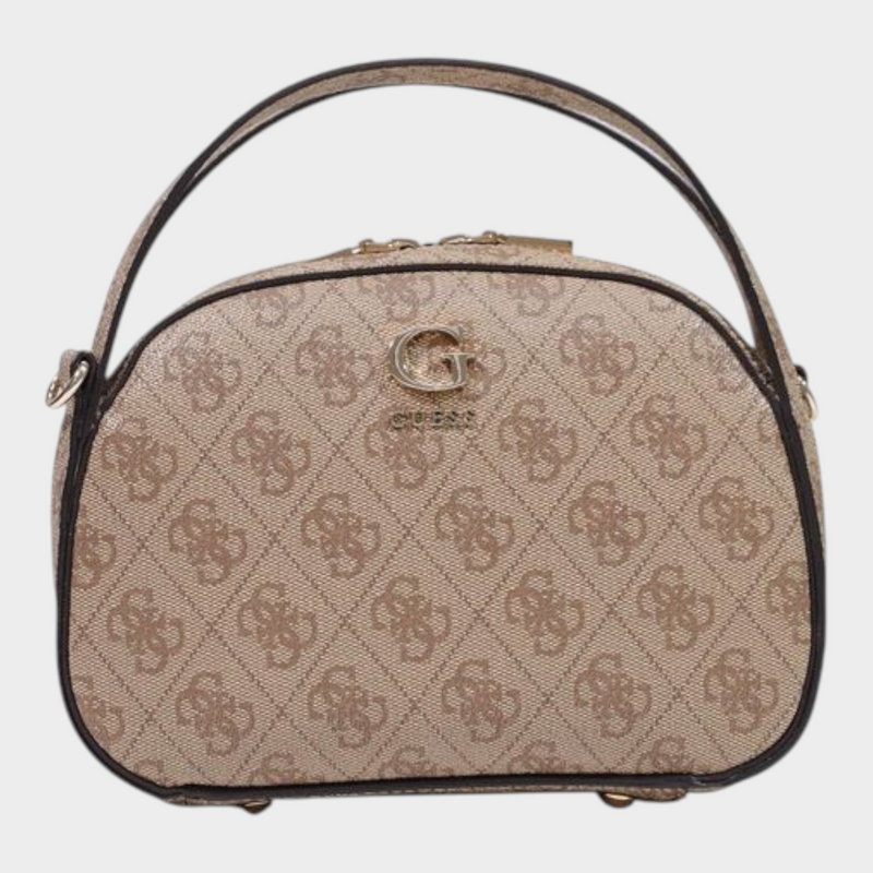 Esmire & Co Guess Coleen small handbag in beige with all-over logo print, top handle, and front metal G logo.