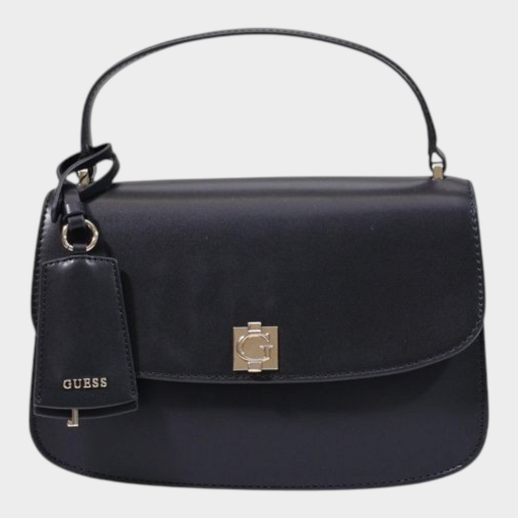 Esmire & Co Guess black polyurethane handbag with gold clasp, front flap, and branded tag.