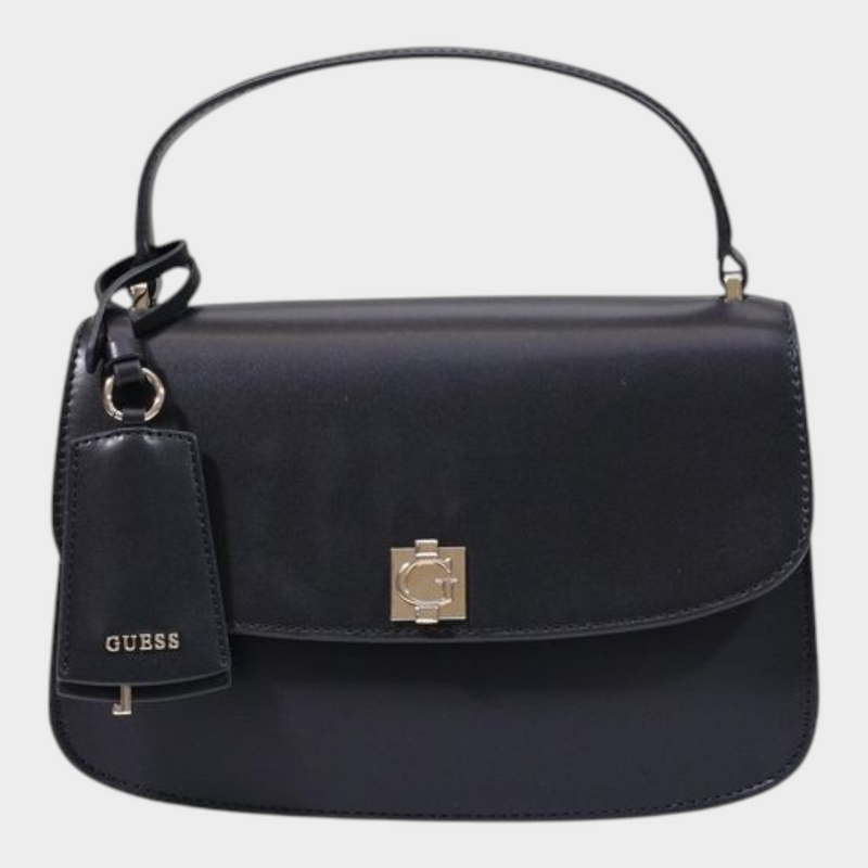 Esmire & Co Guess black polyurethane handbag with gold clasp, front flap, and branded tag.