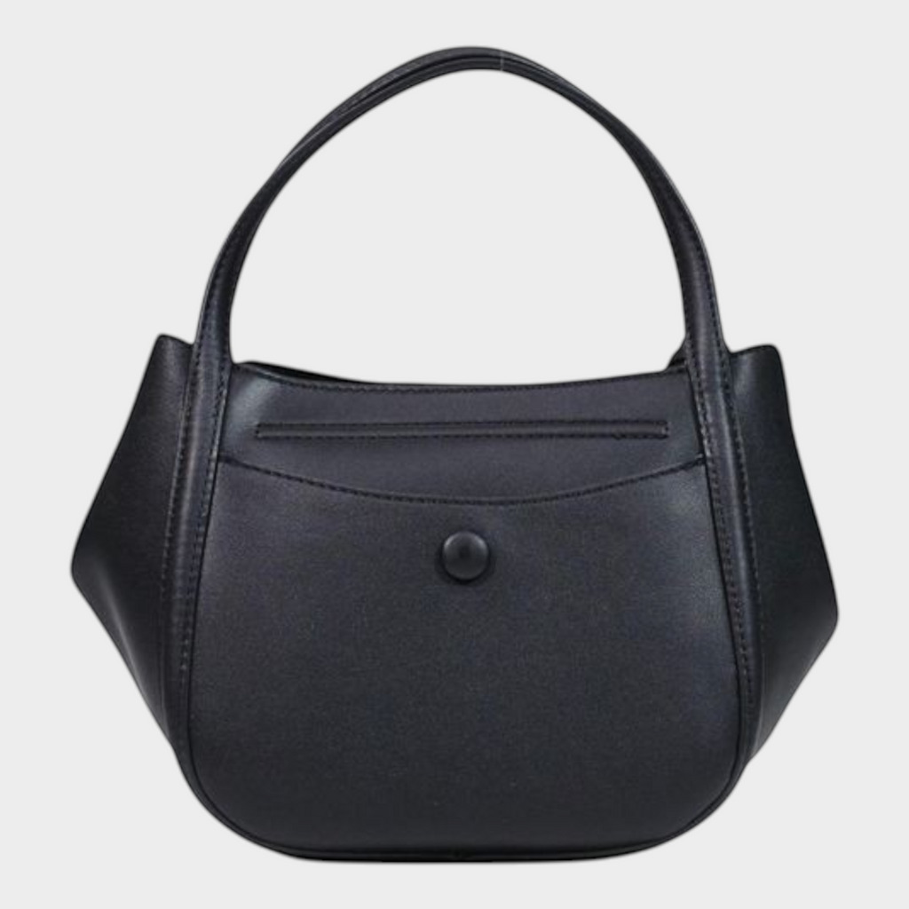 Esmire & Co Guess black polyurethane satchel handbag with a smooth finish, structured shape, and top handle.