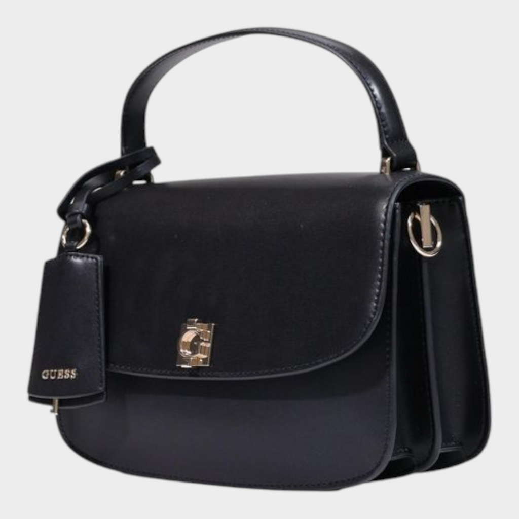 Esmire & Co Guess black polyurethane handbag with gold clasp, front logo, and branded tag, elegant structured design.