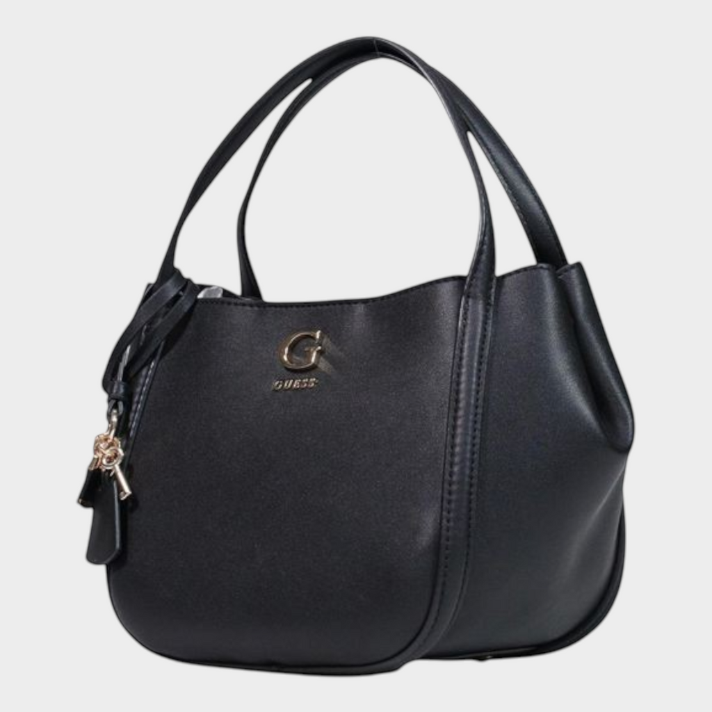 Esmire & Co Guess black polyurethane satchel handbag with gold logo, double handles, and a chic pendant charm.