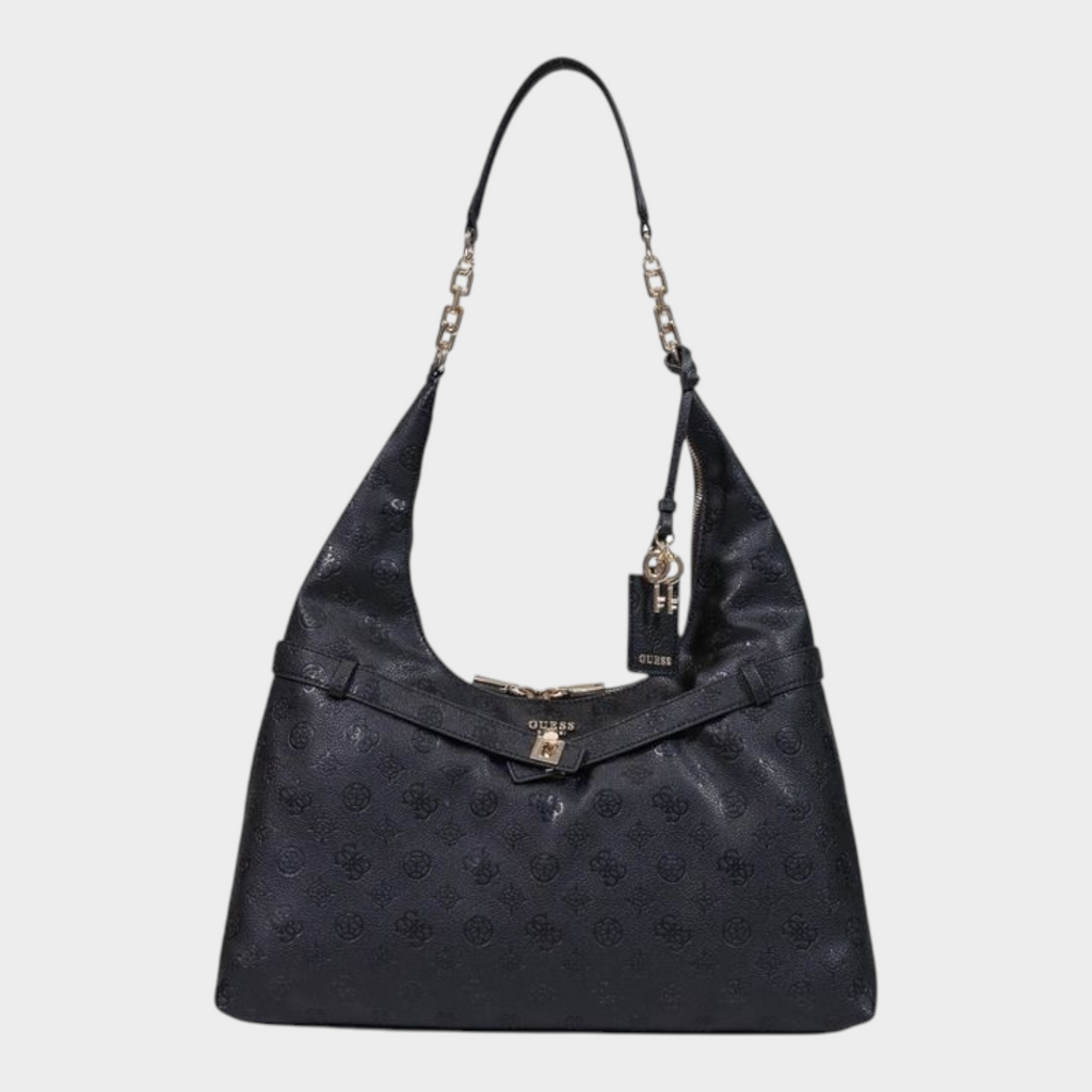 Esmire & Co Guess black polyurethane tote bag with embossed logo pattern, gold-tone chain handle, and zip pockets.