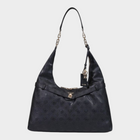 Esmire & Co Guess black polyurethane tote bag with embossed logo pattern, gold-tone chain handle, and zip pockets.