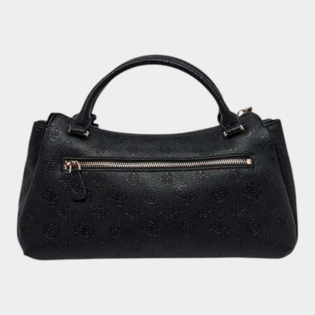 Esmire & Co Guess black polyurethane tote bag with embossed logo pattern, top handle, and back zippered pocket.