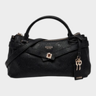 Esmire & Co black Guess polyurethane tote bag with embossed logo, rigid handles, and decorative key charm