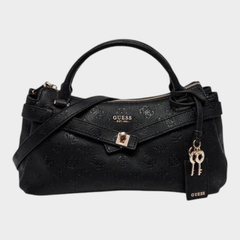 Esmire & Co black Guess polyurethane tote bag with embossed logo, rigid handles, and decorative key charm