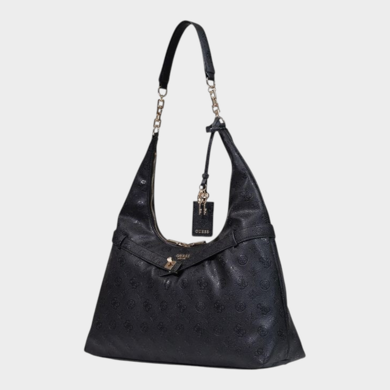 Esmire & Co Guess black polyurethane tote bag with embossed logo pattern, gold-tone chain handle, and metal charms.