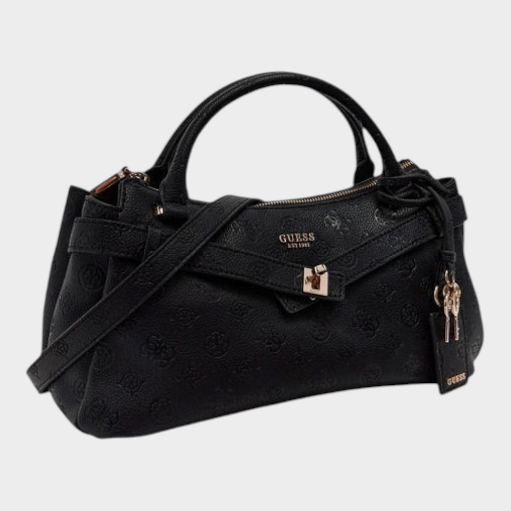 Esmire & Co Guess black polyurethane tote bag with embossed logo, rigid handles, and decorative key charm