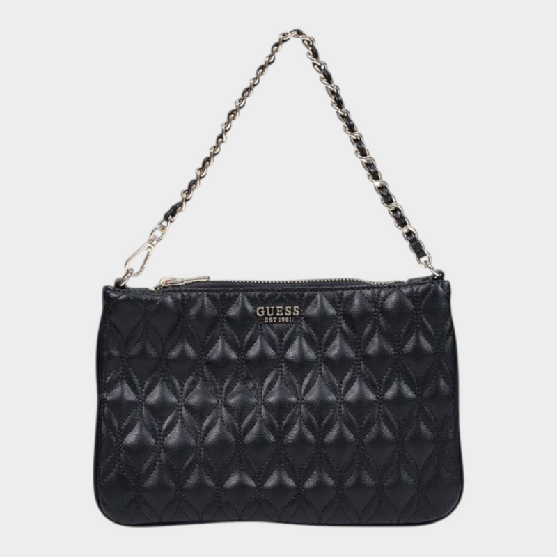 Esmire & Co Guess black quilted polyurethane clutch bag with a metallic chain strap and gold logo detail.