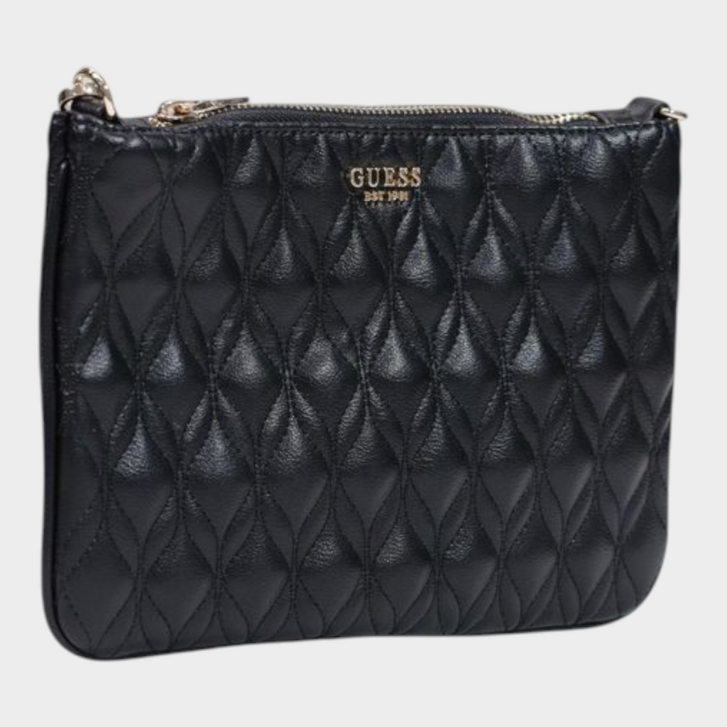 Esmire & Co Guess black quilted polyurethane clutch bag with gold logo and zip closure