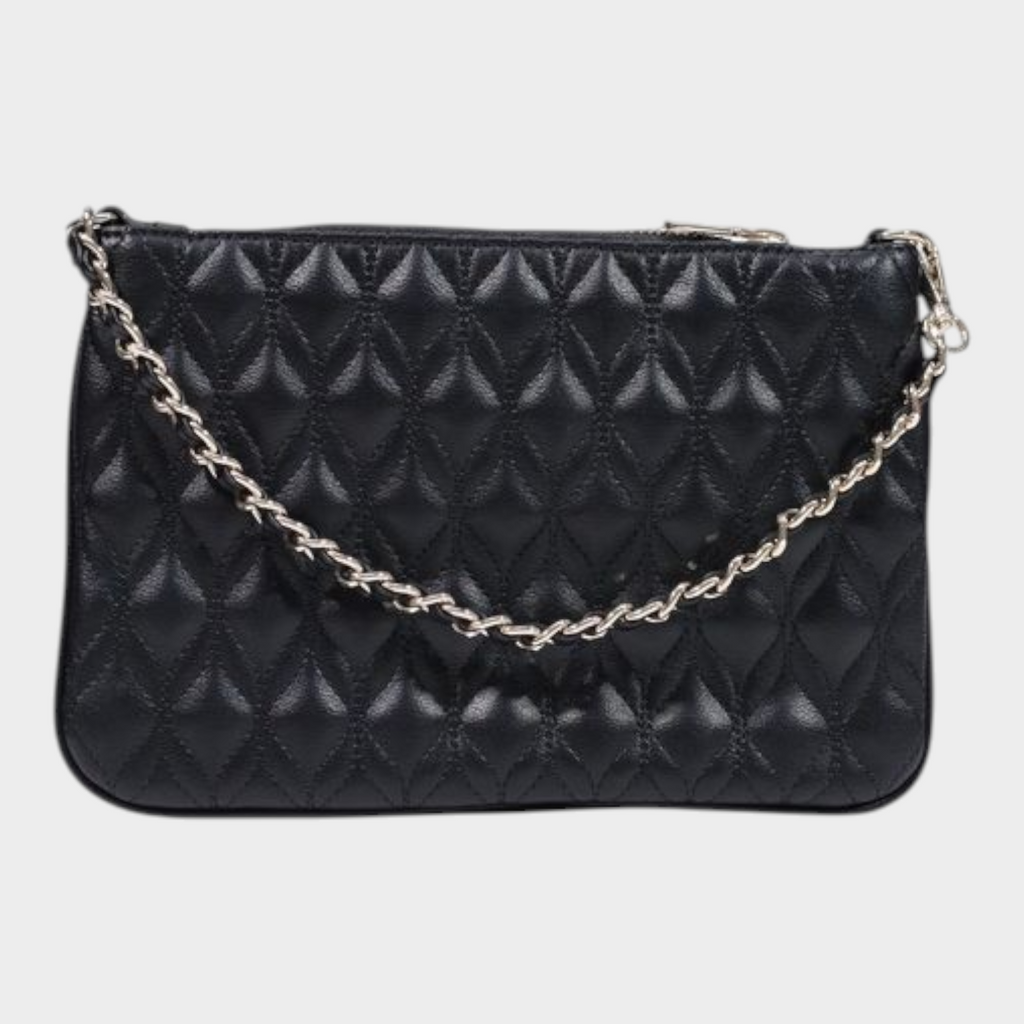 Esmire & Co Guess black quilted polyurethane clutch bag with a metallic chain strap and zip closure.